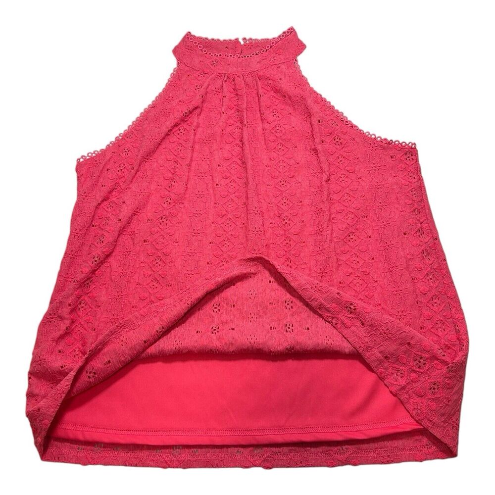 Cable & Gauge Hot Pink Lace Halter Top L Lined Eyelet Crochet Blouse Coquette - Picture 3 of 10